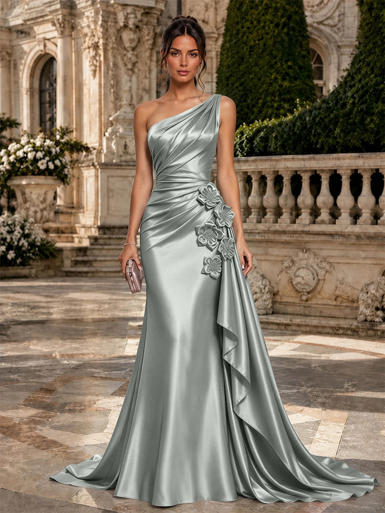Satin Mermaid One Shoulder Long Evening Dresses with 3D Flowers