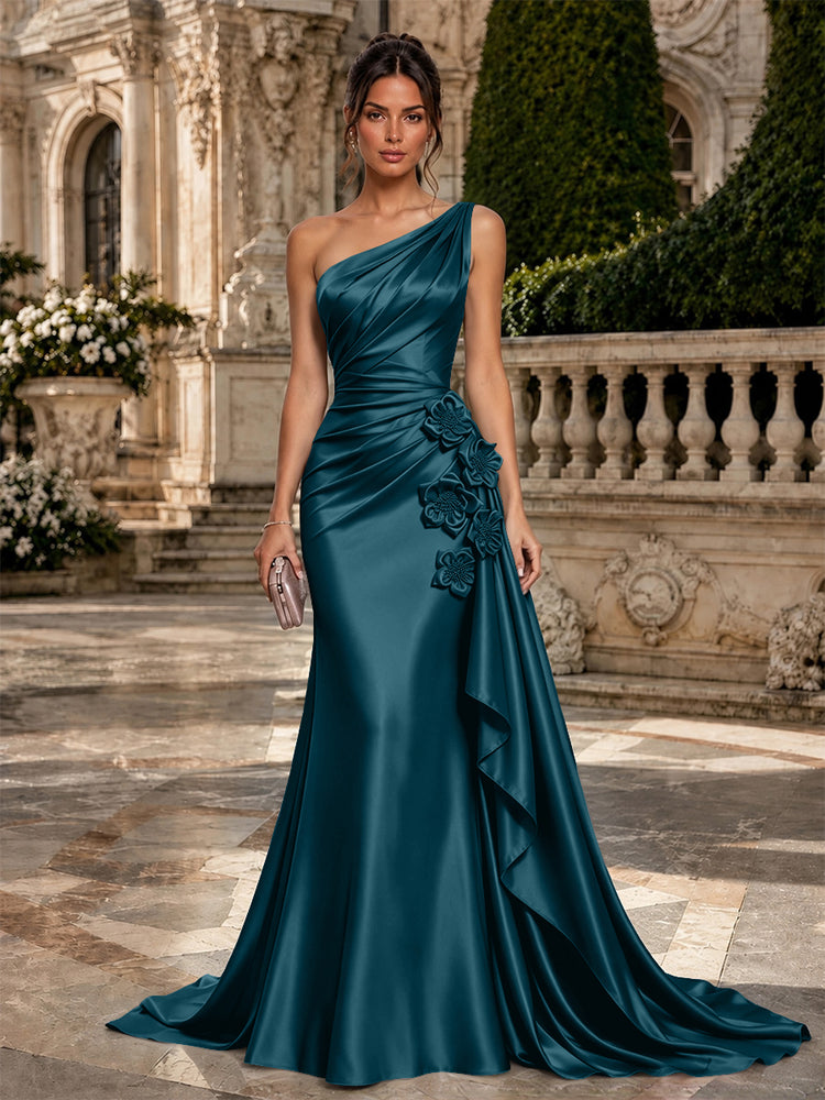 Satin Mermaid One Shoulder Long Evening Dresses with 3D Flowers