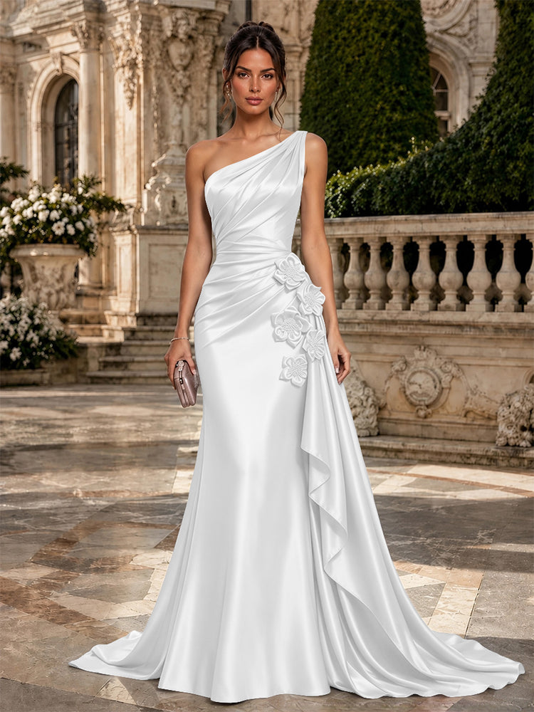 Satin Mermaid One Shoulder Long Evening Dresses with 3D Flowers