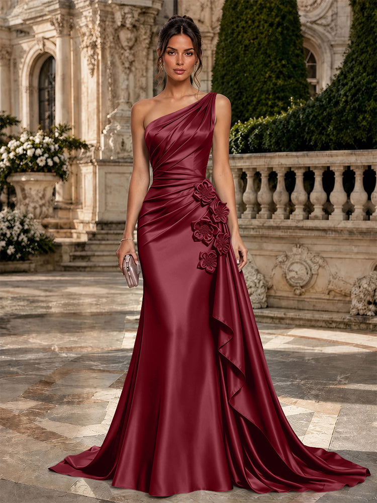 Satin Mermaid One Shoulder Long Evening Dresses with 3D Flowers