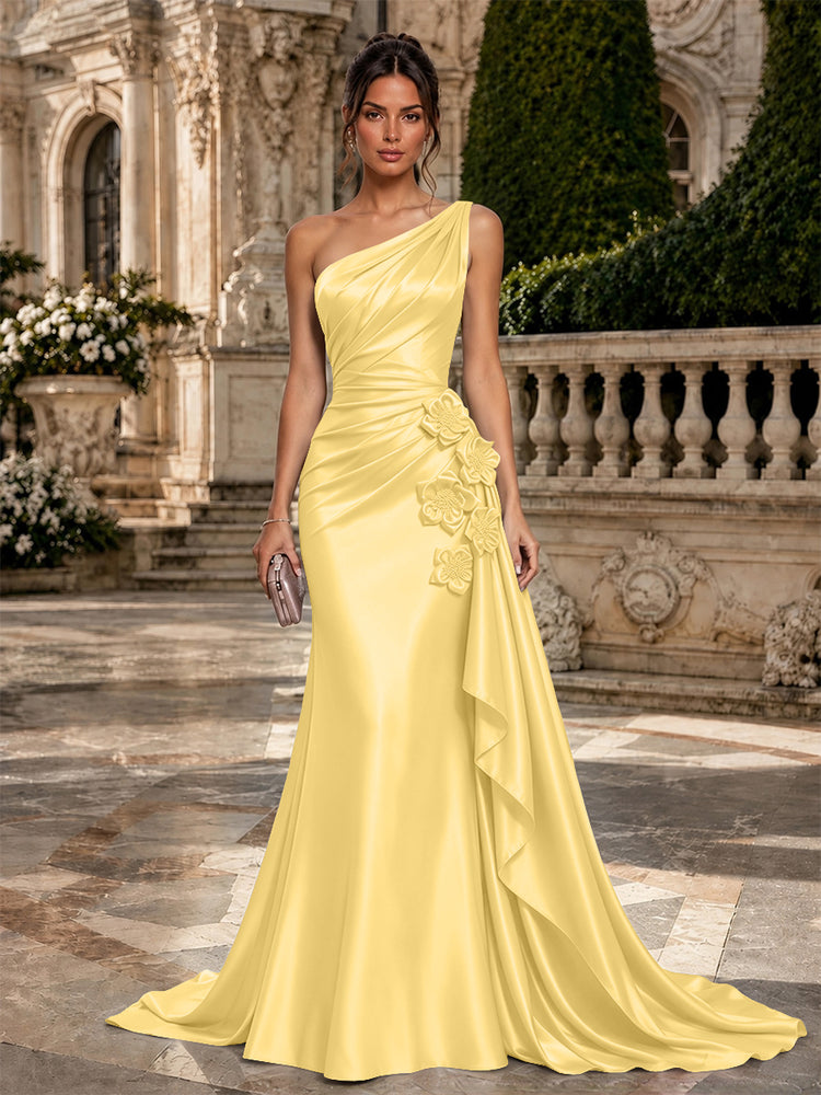 Satin Mermaid One Shoulder Long Evening Dresses with 3D Flowers