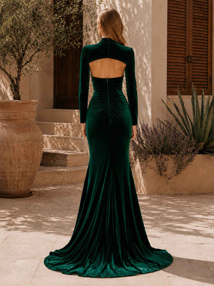 Velvet Mermaid High Neck Long Evening Dresses with Slit
