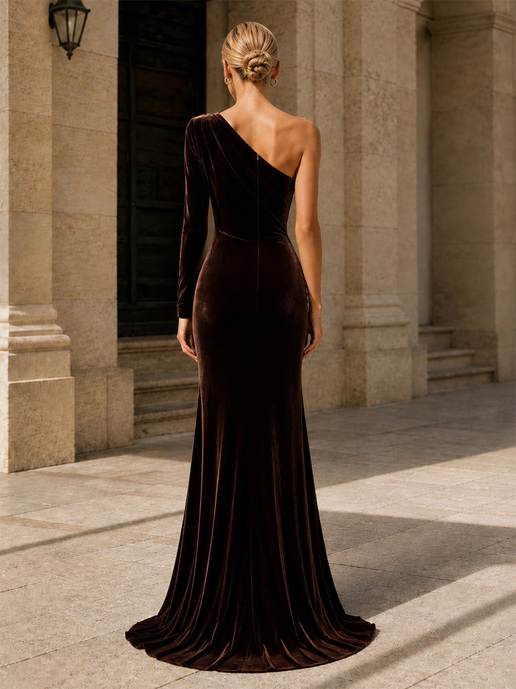 Velvet Mermaid One Shoulder Long Evening Dresses with Slit