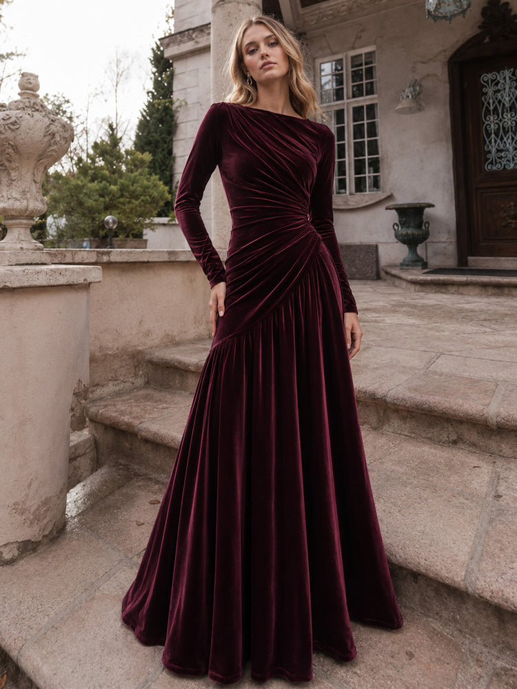 Velvet A-Line Boat Neck Long Evening Dresses with Ruched