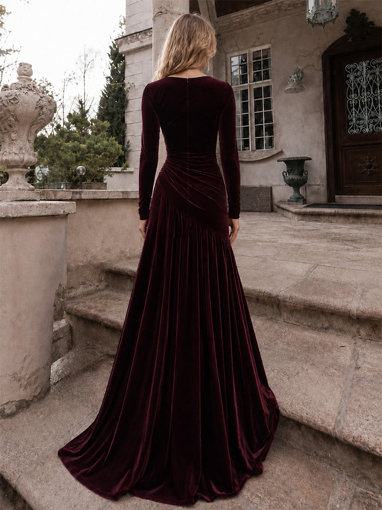 Velvet A-Line Boat Neck Long Evening Dresses with Ruched