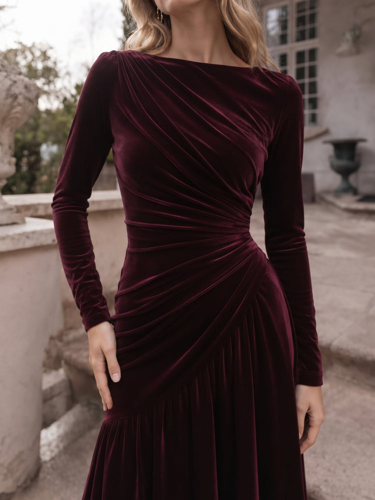 Velvet A-Line Boat Neck Long Evening Dresses with Ruched