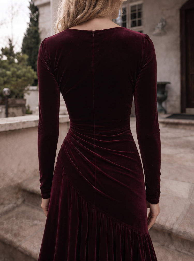 Velvet A-Line Boat Neck Long Evening Dresses with Ruched