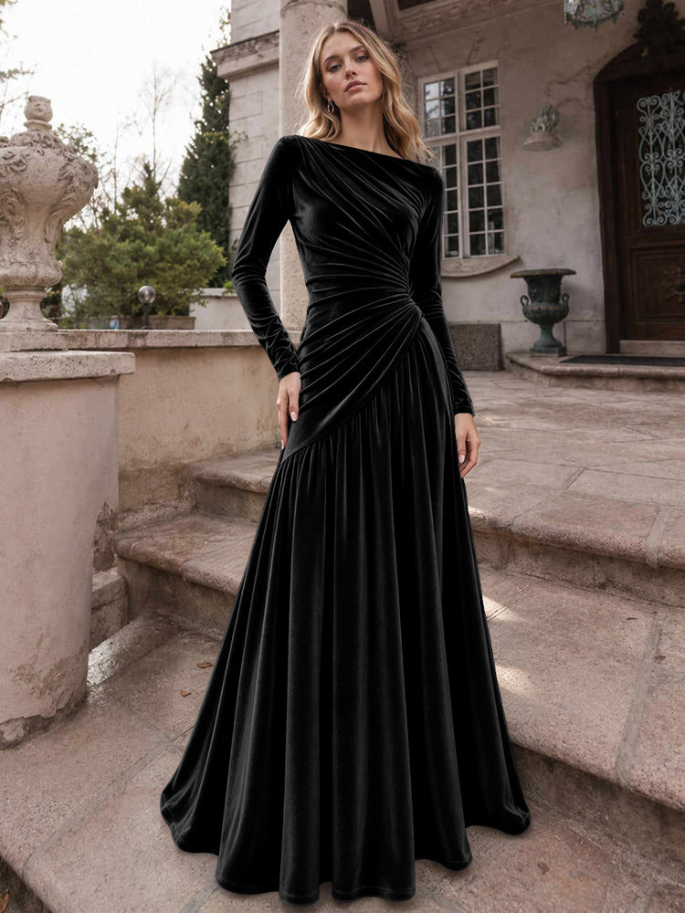 Velvet A-Line Boat Neck Long Evening Dresses with Ruched