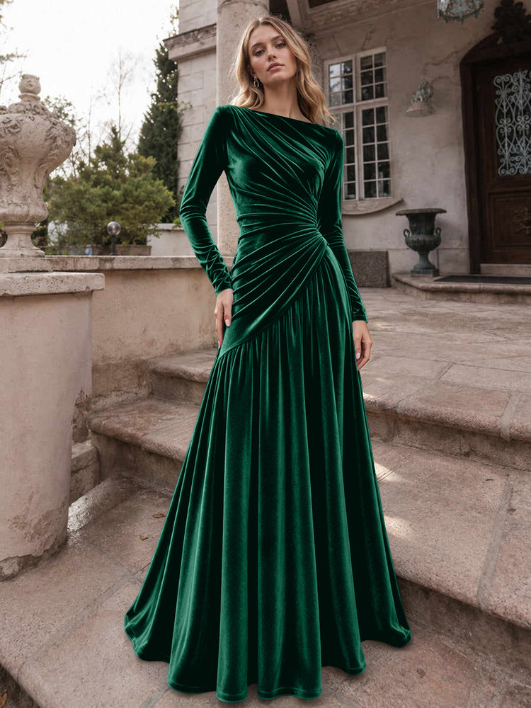 Velvet A-Line Boat Neck Long Evening Dresses with Ruched