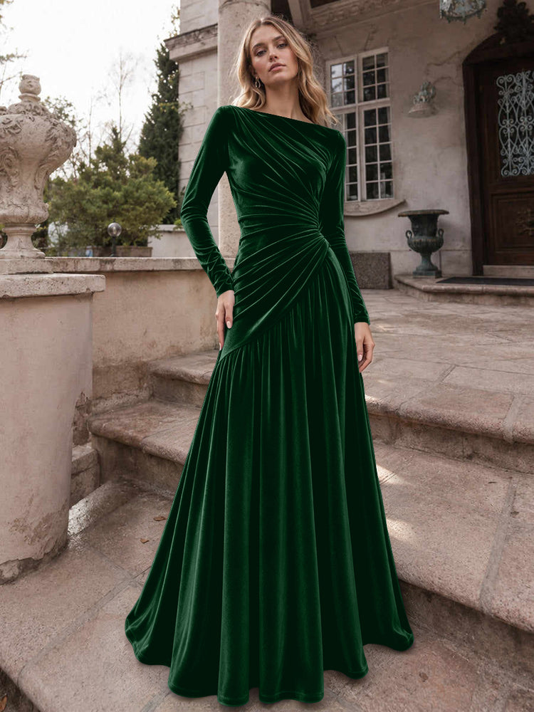 Velvet A-Line Boat Neck Long Evening Dresses with Ruched