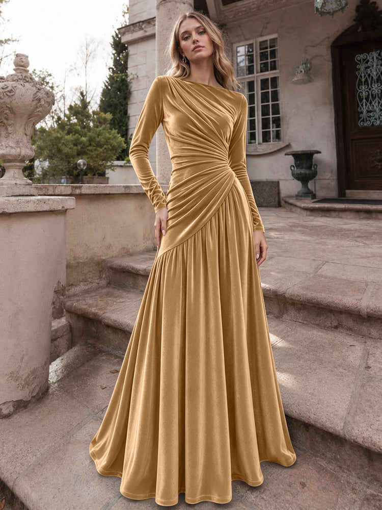 Velvet A-Line Boat Neck Long Evening Dresses with Ruched