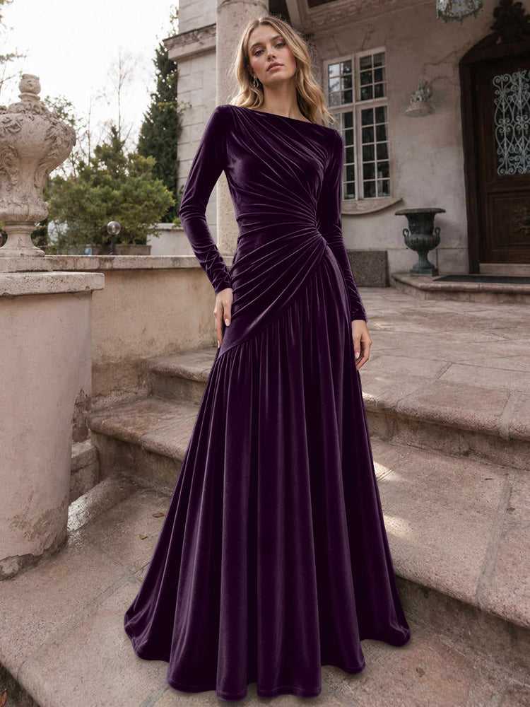 Velvet A-Line Boat Neck Long Evening Dresses with Ruched