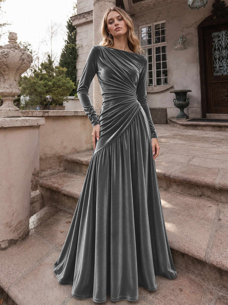 Velvet A-Line Boat Neck Long Evening Dresses with Ruched