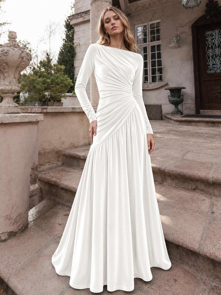 Velvet A-Line Boat Neck Long Evening Dresses with Ruched