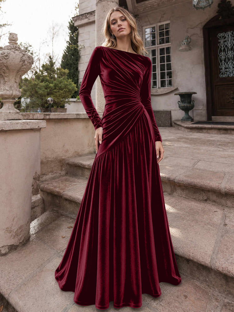 Velvet A-Line Boat Neck Long Evening Dresses with Ruched