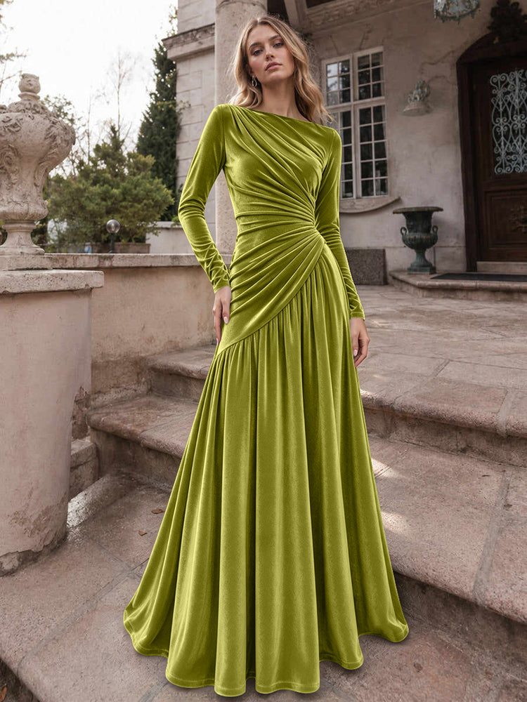 Velvet A-Line Boat Neck Long Evening Dresses with Ruched