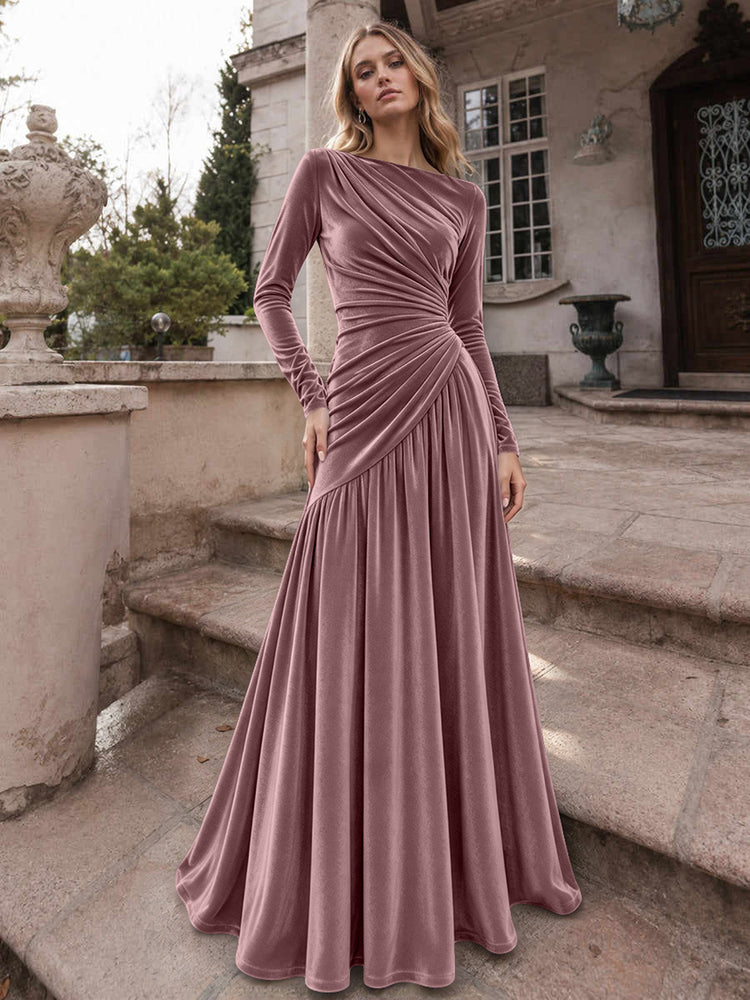 Velvet A-Line Boat Neck Long Evening Dresses with Ruched