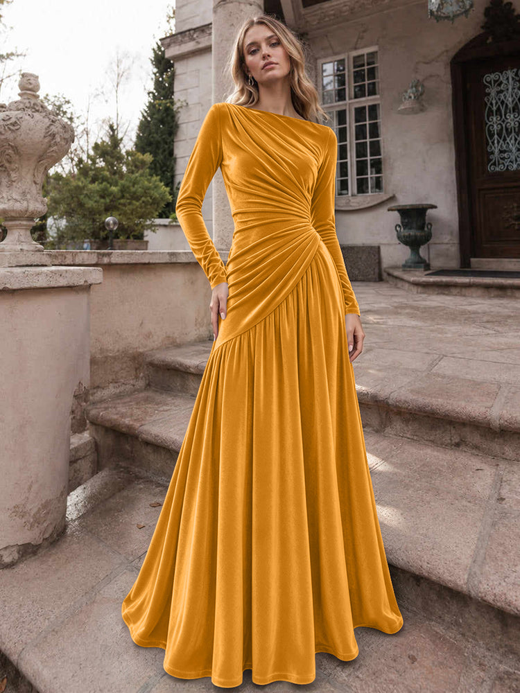Velvet A-Line Boat Neck Long Evening Dresses with Ruched