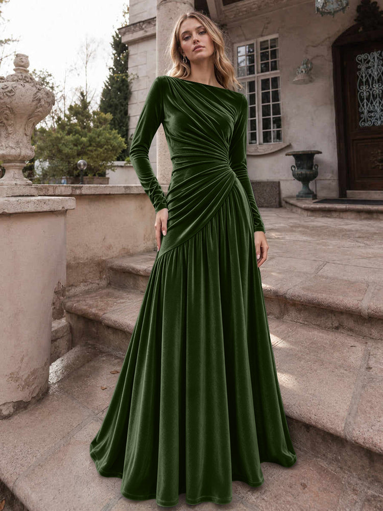 Velvet A-Line Boat Neck Long Evening Dresses with Ruched