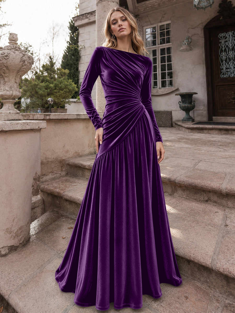 Velvet A-Line Boat Neck Long Evening Dresses with Ruched