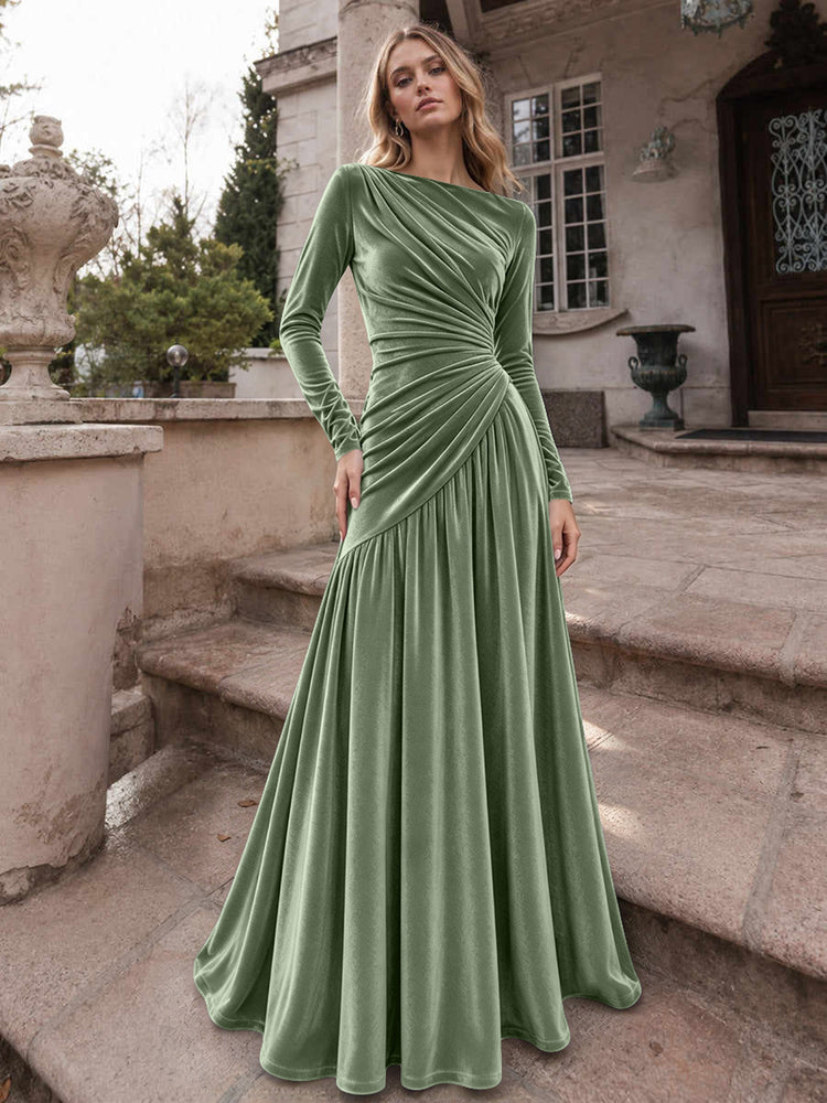 Velvet A-Line Boat Neck Long Evening Dresses with Ruched
