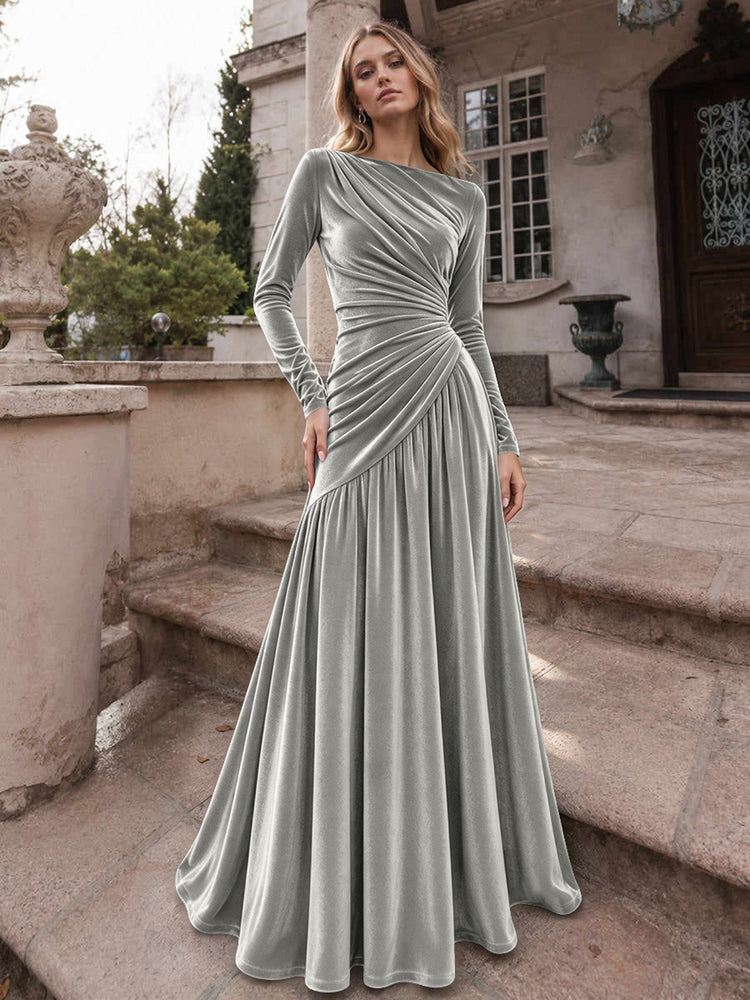 Velvet A-Line Boat Neck Long Evening Dresses with Ruched