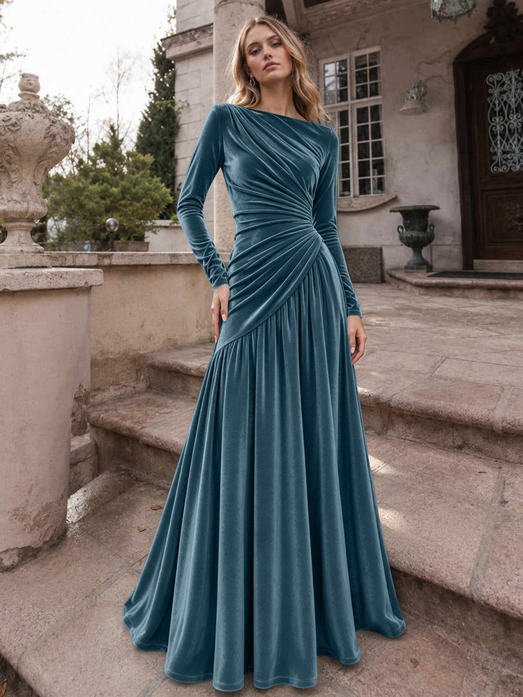 Velvet A-Line Boat Neck Long Evening Dresses with Ruched