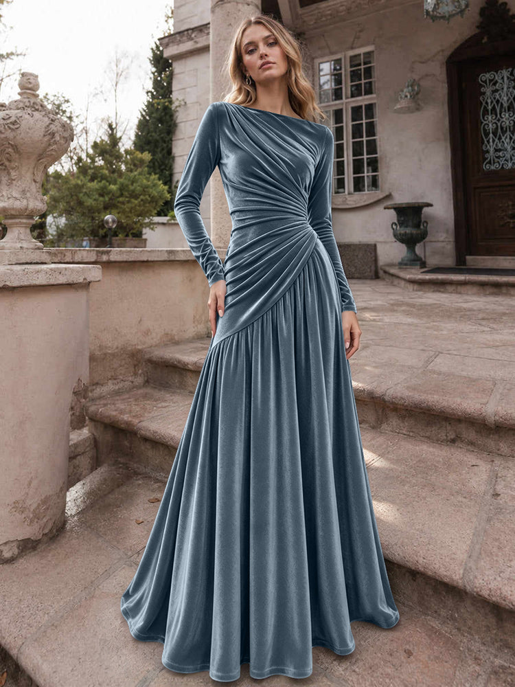Velvet A-Line Boat Neck Long Evening Dresses with Ruched
