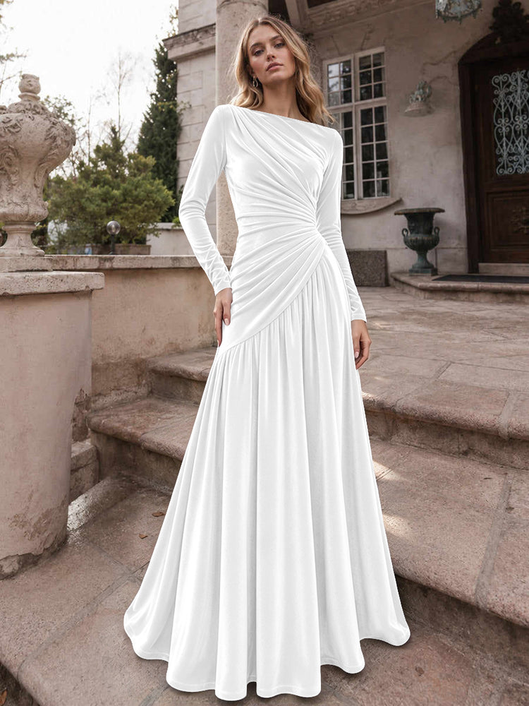 Velvet A-Line Boat Neck Long Evening Dresses with Ruched