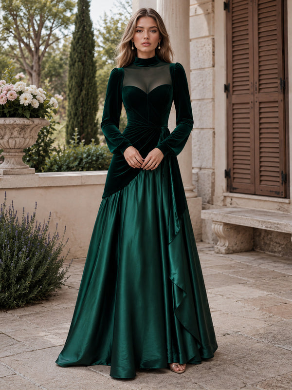 Velvet A-Line High Neck Long Evening Dresses with Satin