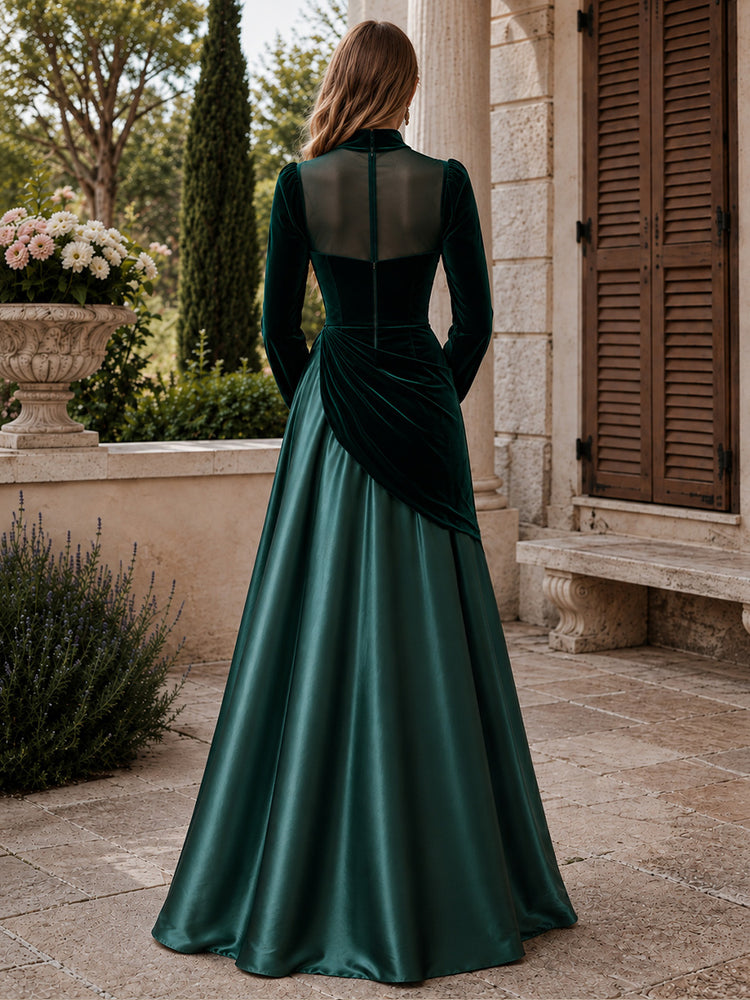 Velvet A-Line High Neck Long Evening Dresses with Satin