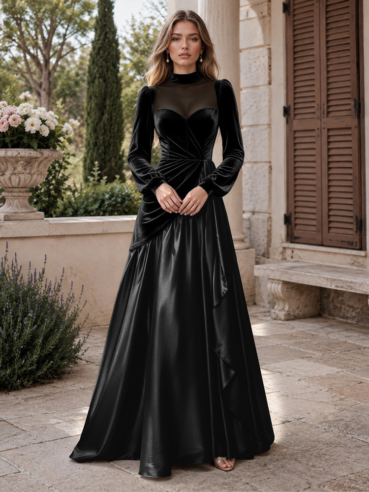 Velvet A-Line High Neck Long Evening Dresses with Satin
