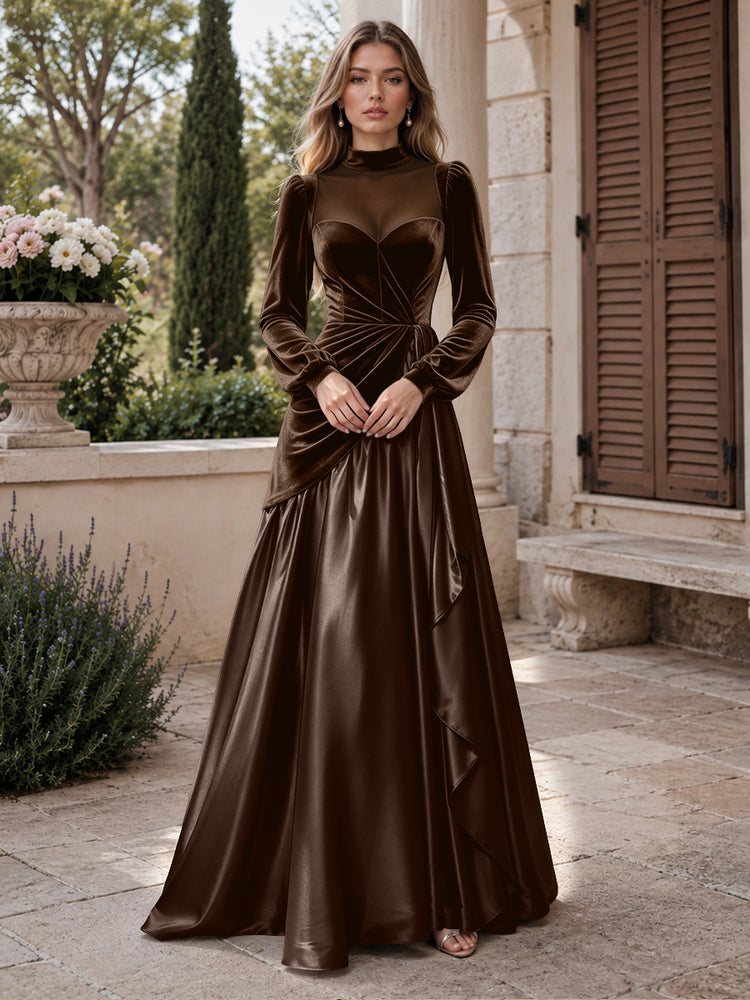 Velvet A-Line High Neck Long Evening Dresses with Satin