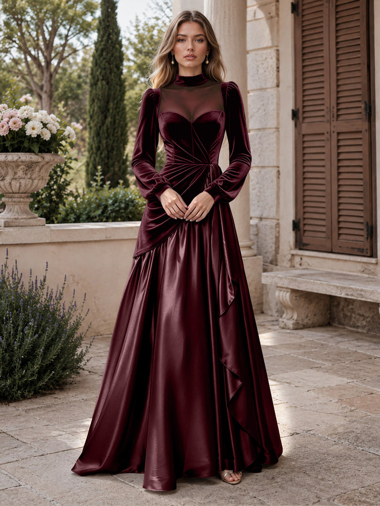 Velvet A-Line High Neck Long Evening Dresses with Satin