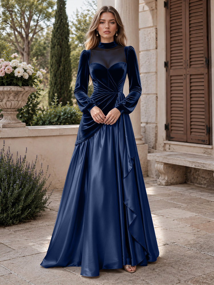 Velvet A-Line High Neck Long Evening Dresses with Satin