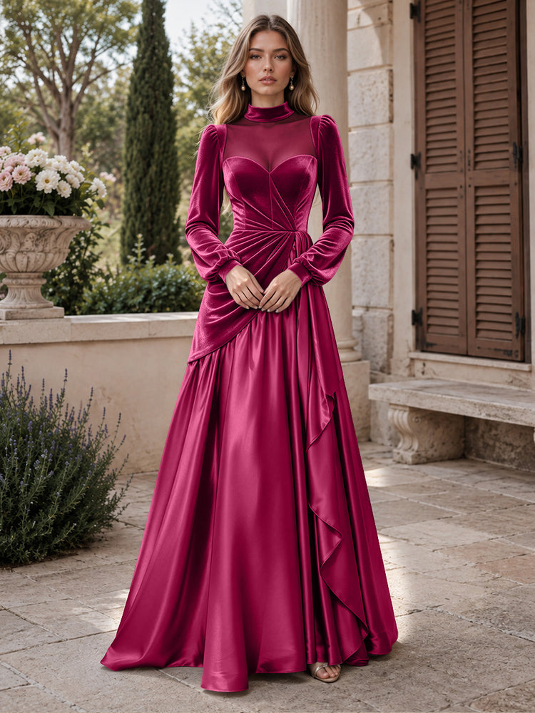 Velvet A-Line High Neck Long Evening Dresses with Satin