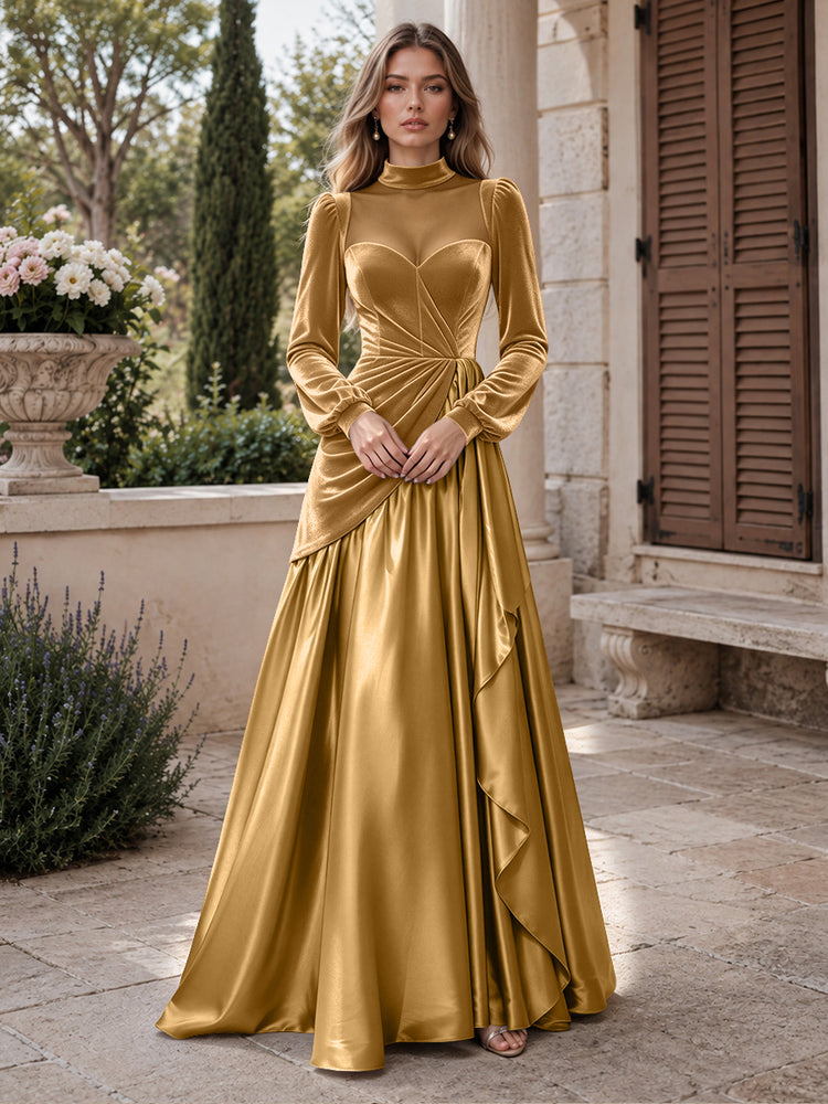 Velvet A-Line High Neck Long Evening Dresses with Satin