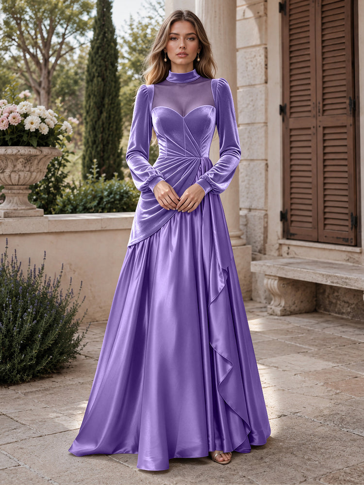 Velvet A-Line High Neck Long Evening Dresses with Satin