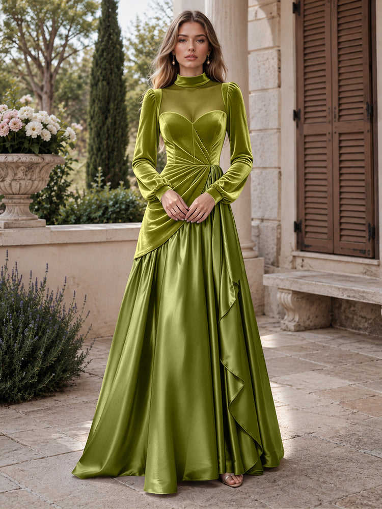 Velvet A-Line High Neck Long Evening Dresses with Satin