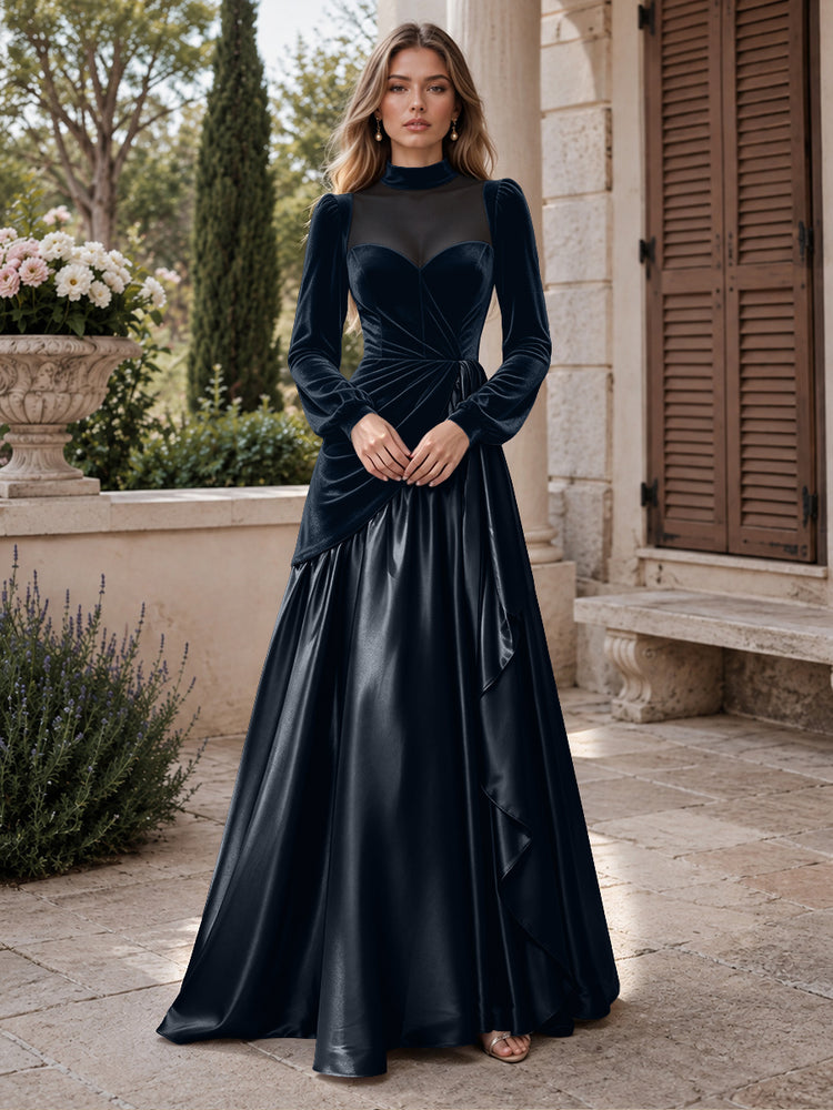 Velvet A-Line High Neck Long Evening Dresses with Satin