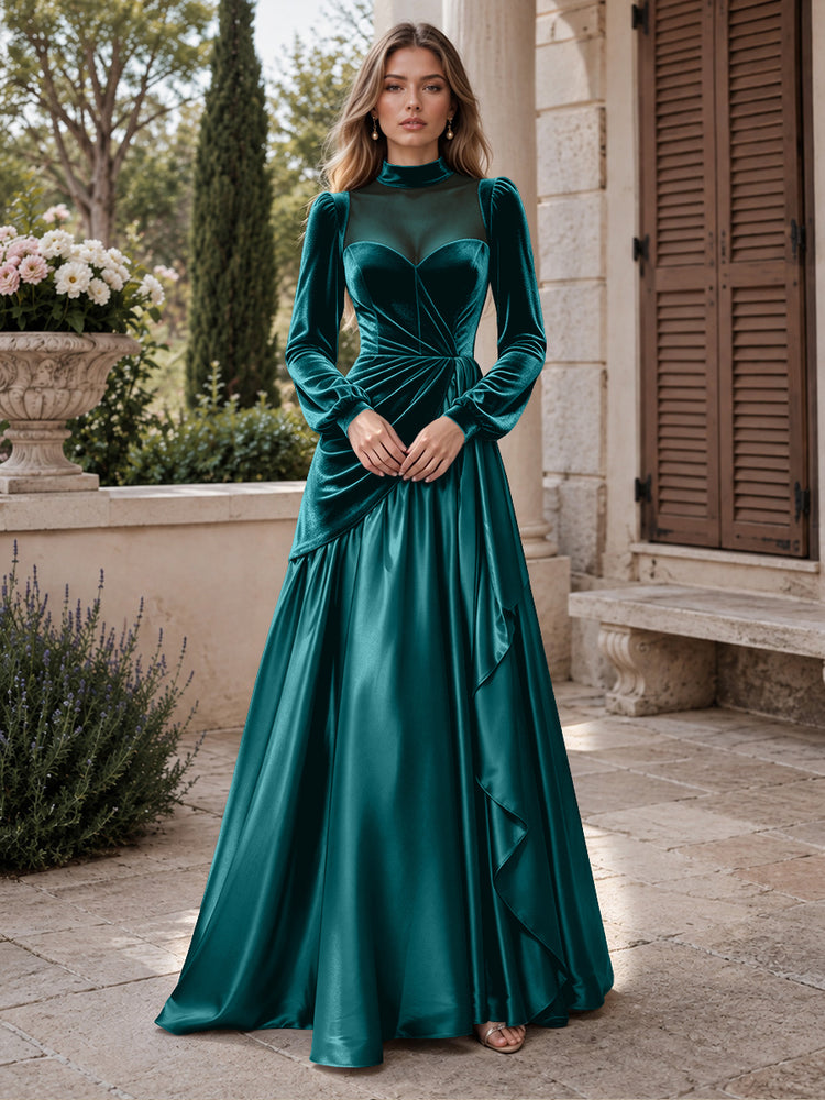 Velvet A-Line High Neck Long Evening Dresses with Satin
