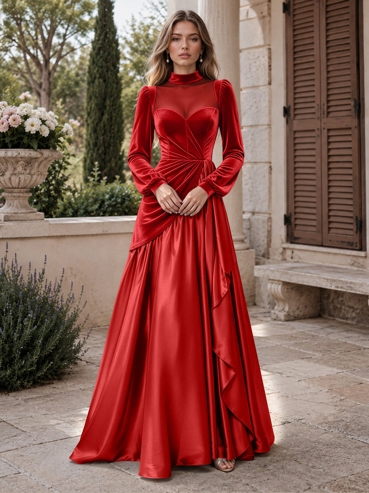 Velvet A-Line High Neck Long Evening Dresses with Satin