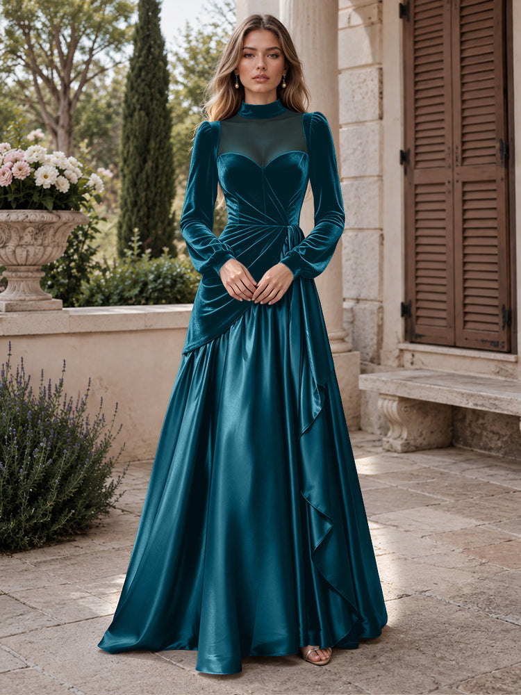 Velvet A-Line High Neck Long Evening Dresses with Satin