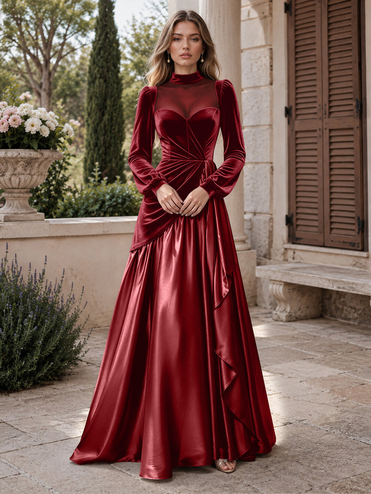 Velvet A-Line High Neck Long Evening Dresses with Satin