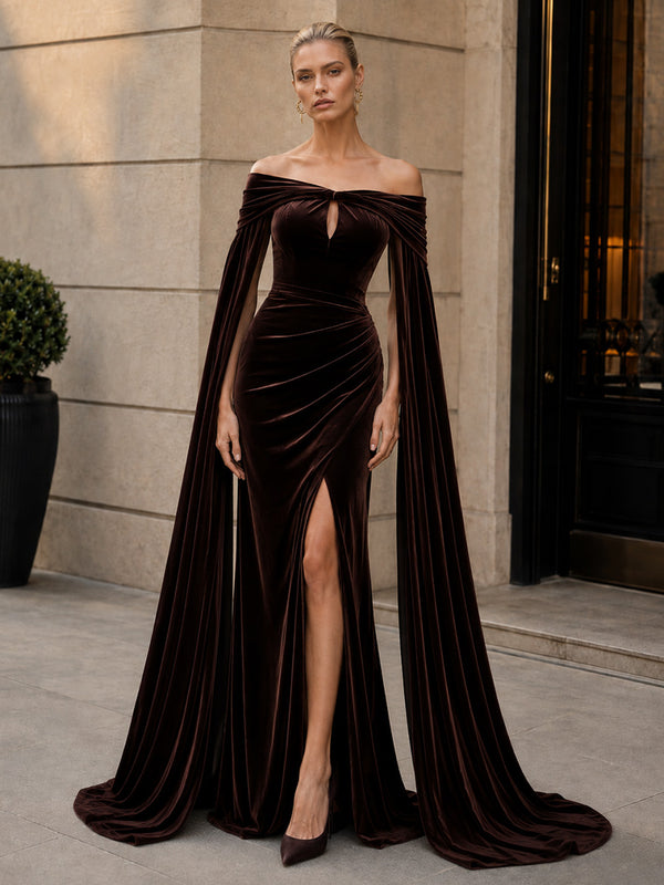 Velvet Mermaid Off the Shoulder Long Evening Dresses with Slit