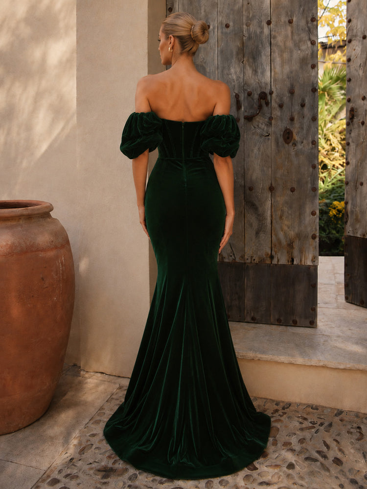 Velvet Mermaid Off the Shoulder Long Evening Dresses with Ruffles