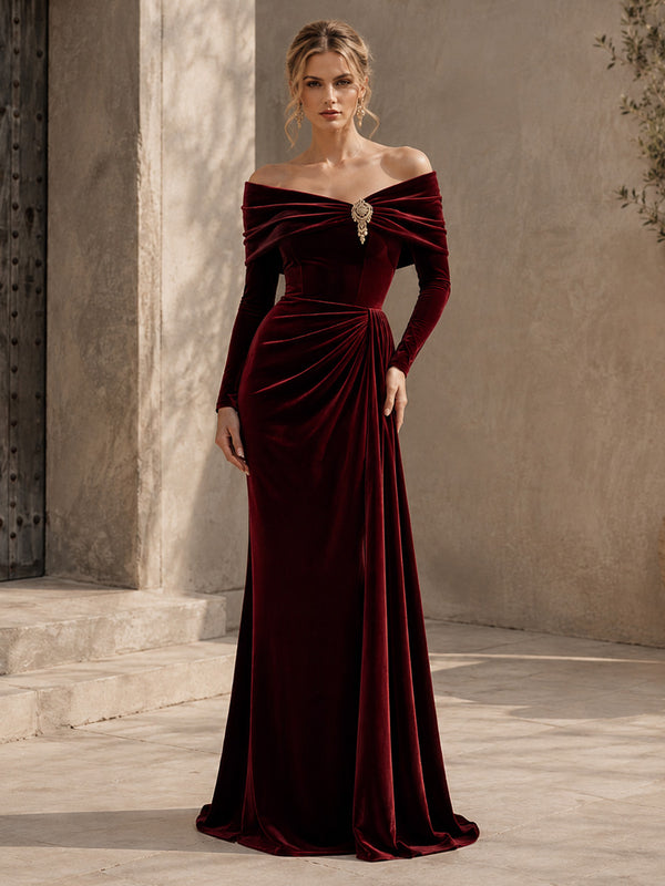 Velvet Mermaid Off the Shoulder Long Evening Dresses with Ruched