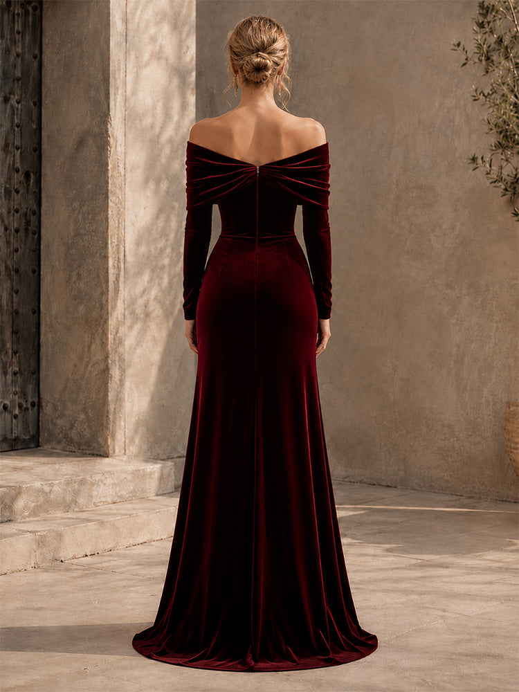 Velvet Mermaid Off the Shoulder Long Evening Dresses with Ruched