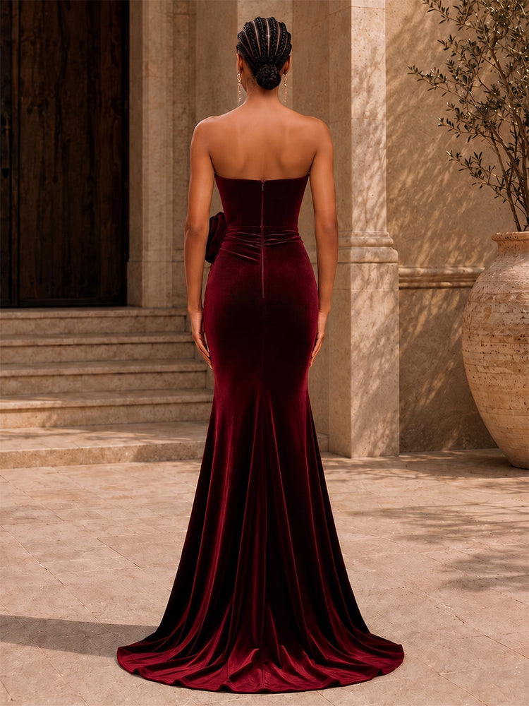 Velvet Mermaid Strapless Long Evening Dresses with 3D Flowers