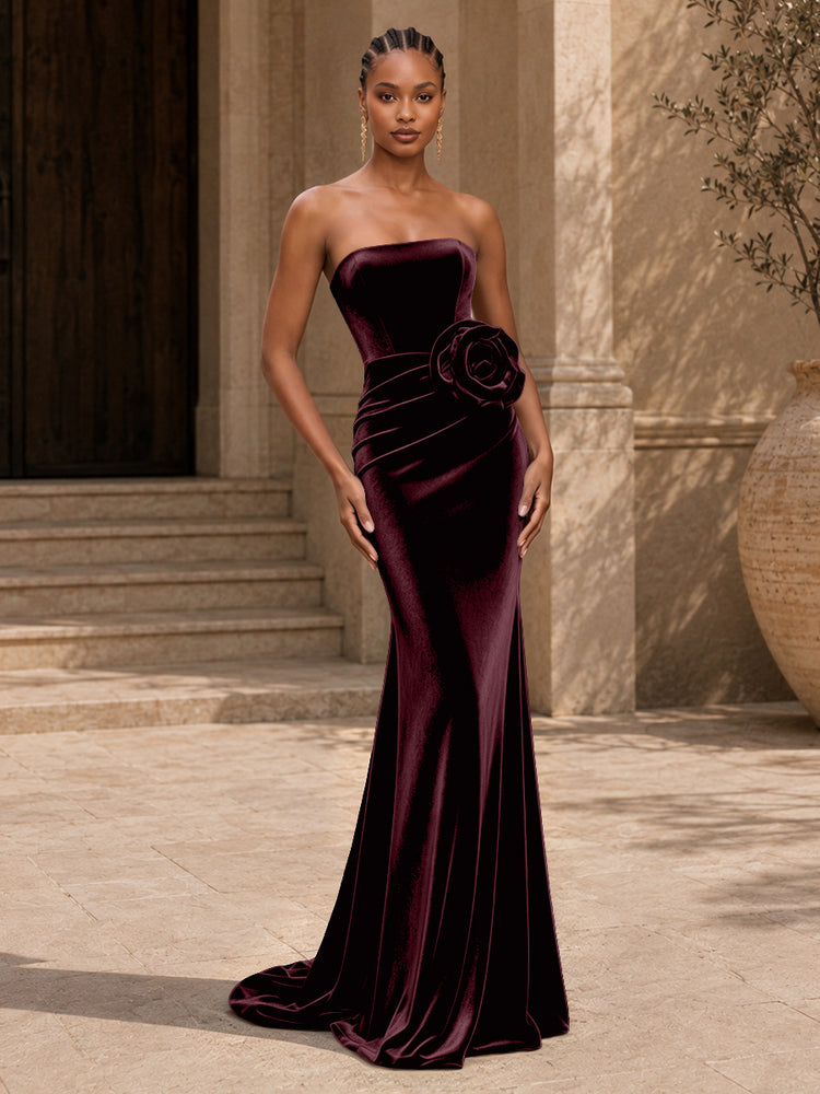 Velvet Mermaid Strapless Long Evening Dresses with 3D Flowers